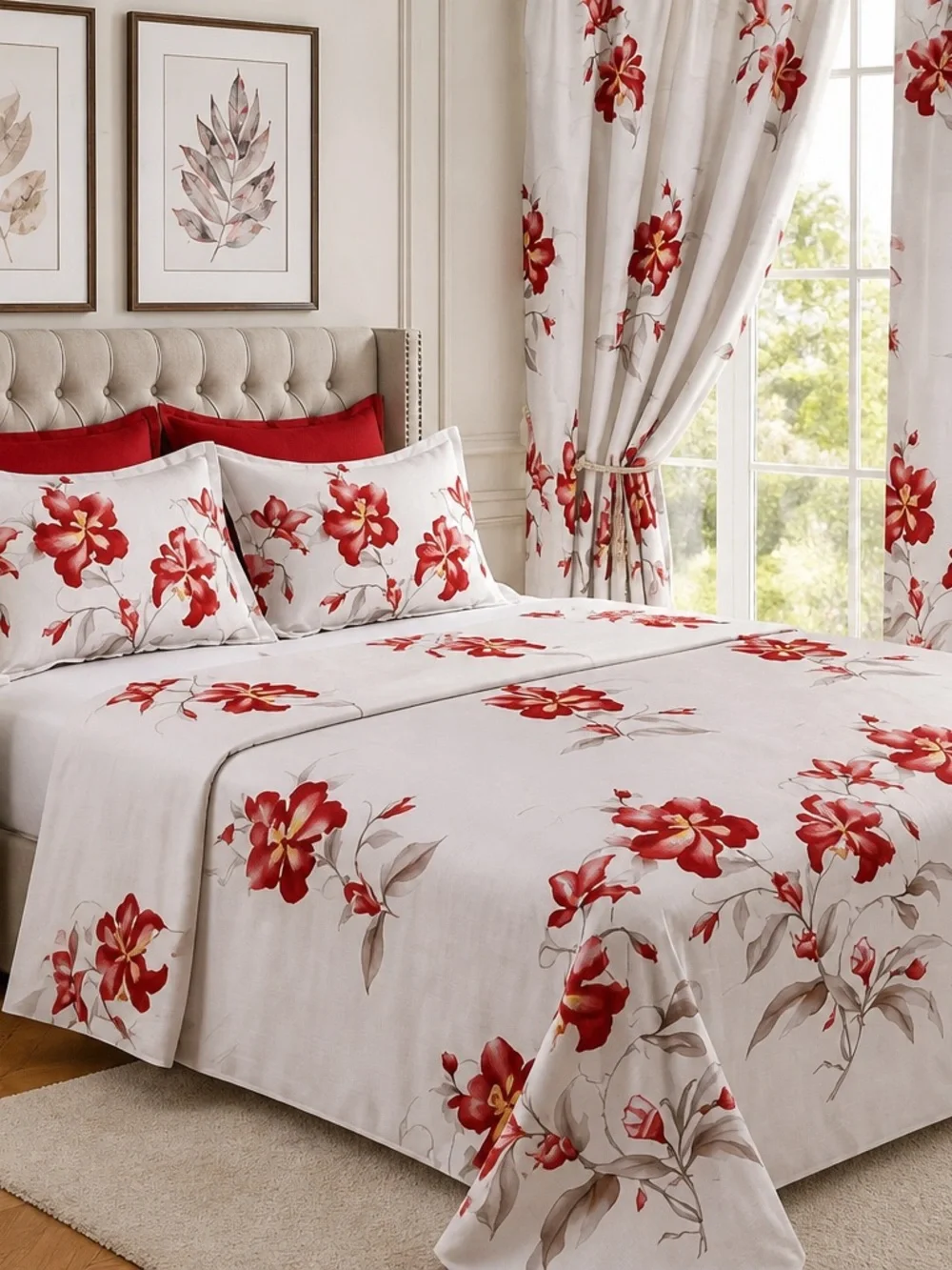 Fashion Brand Company Red Floral Cotton Sheet Set